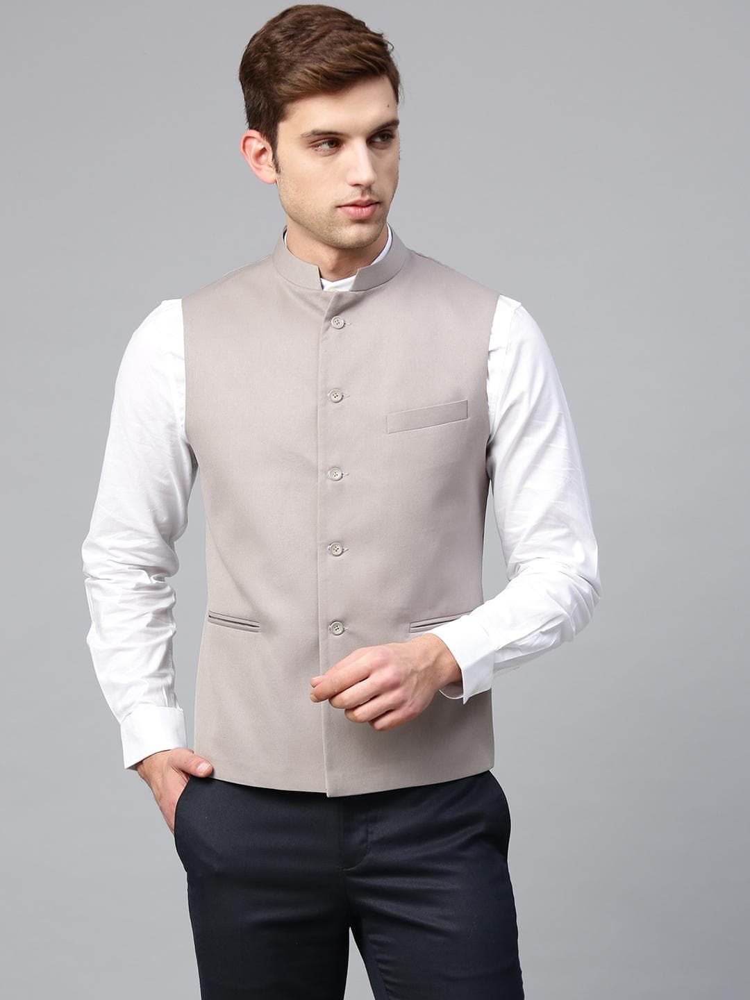 MANQ Men Taupe Solid Slim Fit Nehru Jacket