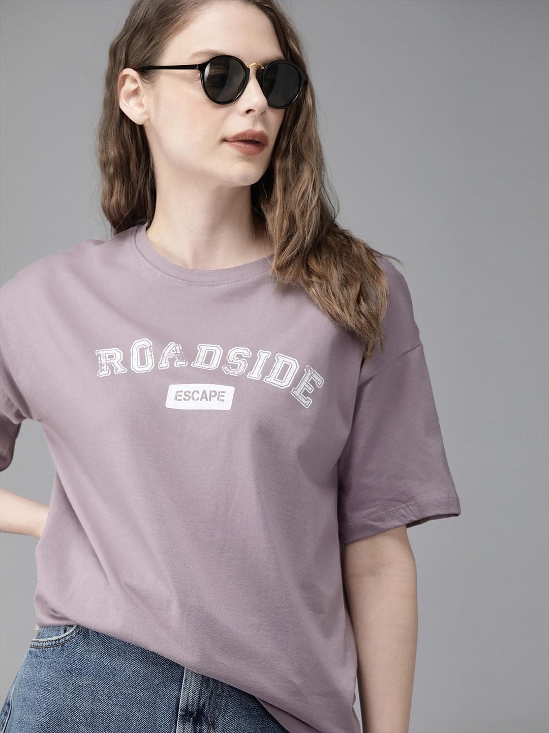 Roadster Women Lavender Printed Boxy Round Neck Cotton T-shirt