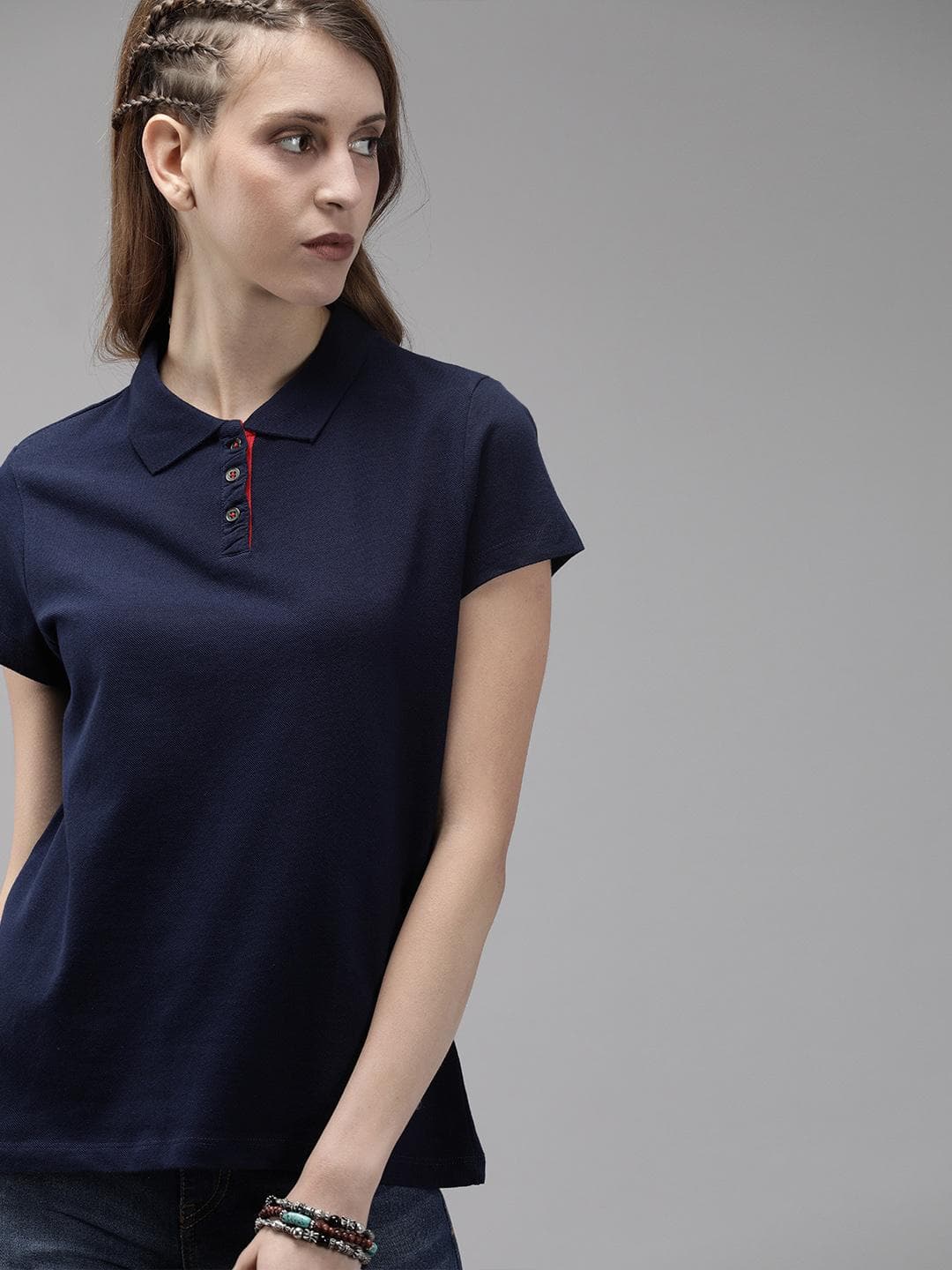 The Roadster Lifestyle Co Women Navy Blue Solid Polo Collar Cotton T-shirt