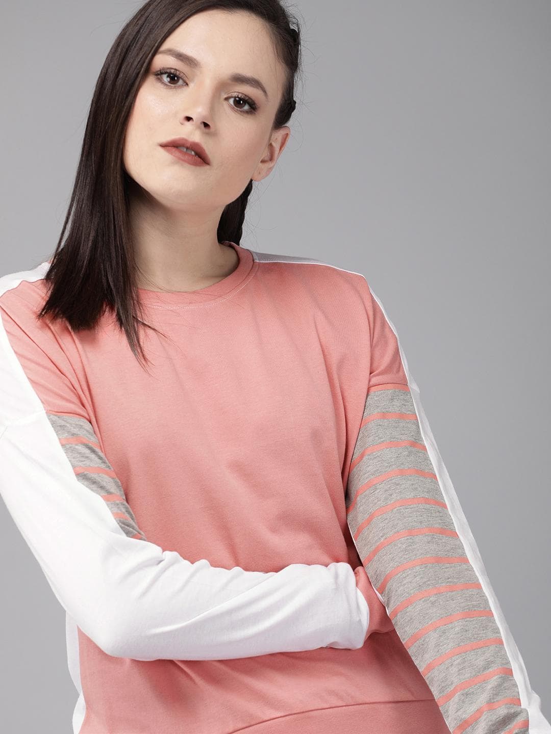 The Roadster Lifestyle Co Women Pink White Solid Round Neck Cotton T-shirt With Striped Sleeves