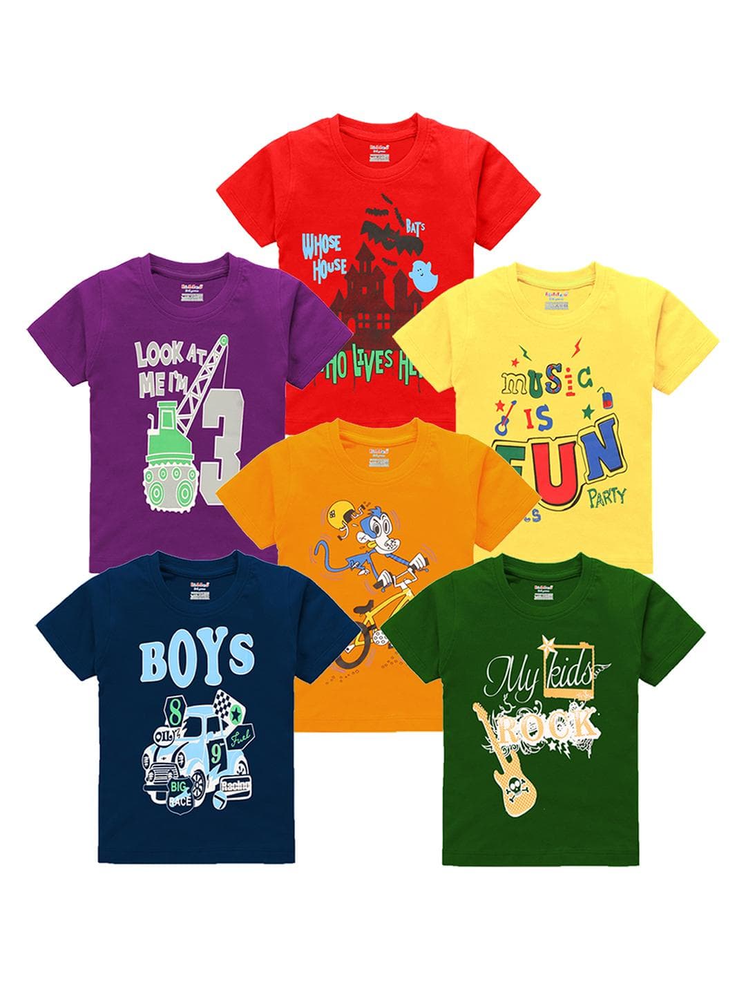 Kiddeo Boys Pack of 6 Printed Round Neck Pure Cotton T-shirt