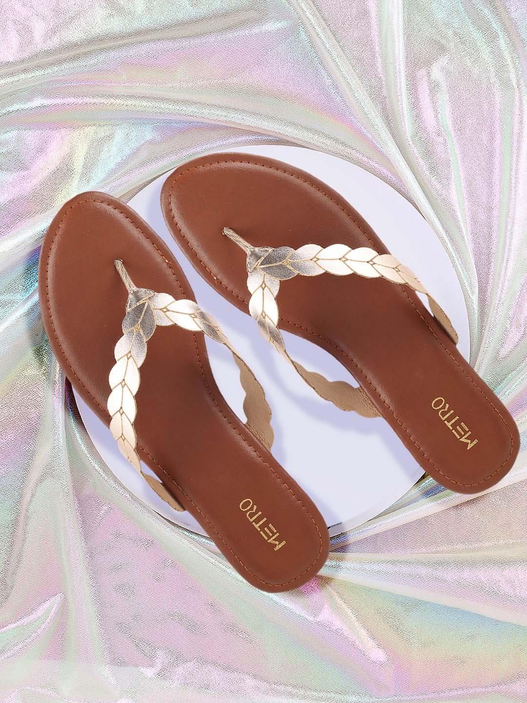 Metro Womens Gold-Toned Solid Open Toe T-Strap Flats