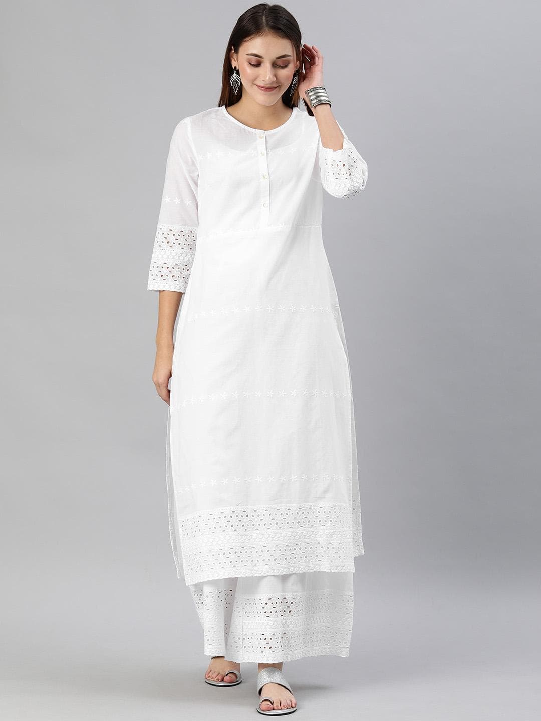 Anouk Women White Embroidered Republic Day Kurta with Palazzos