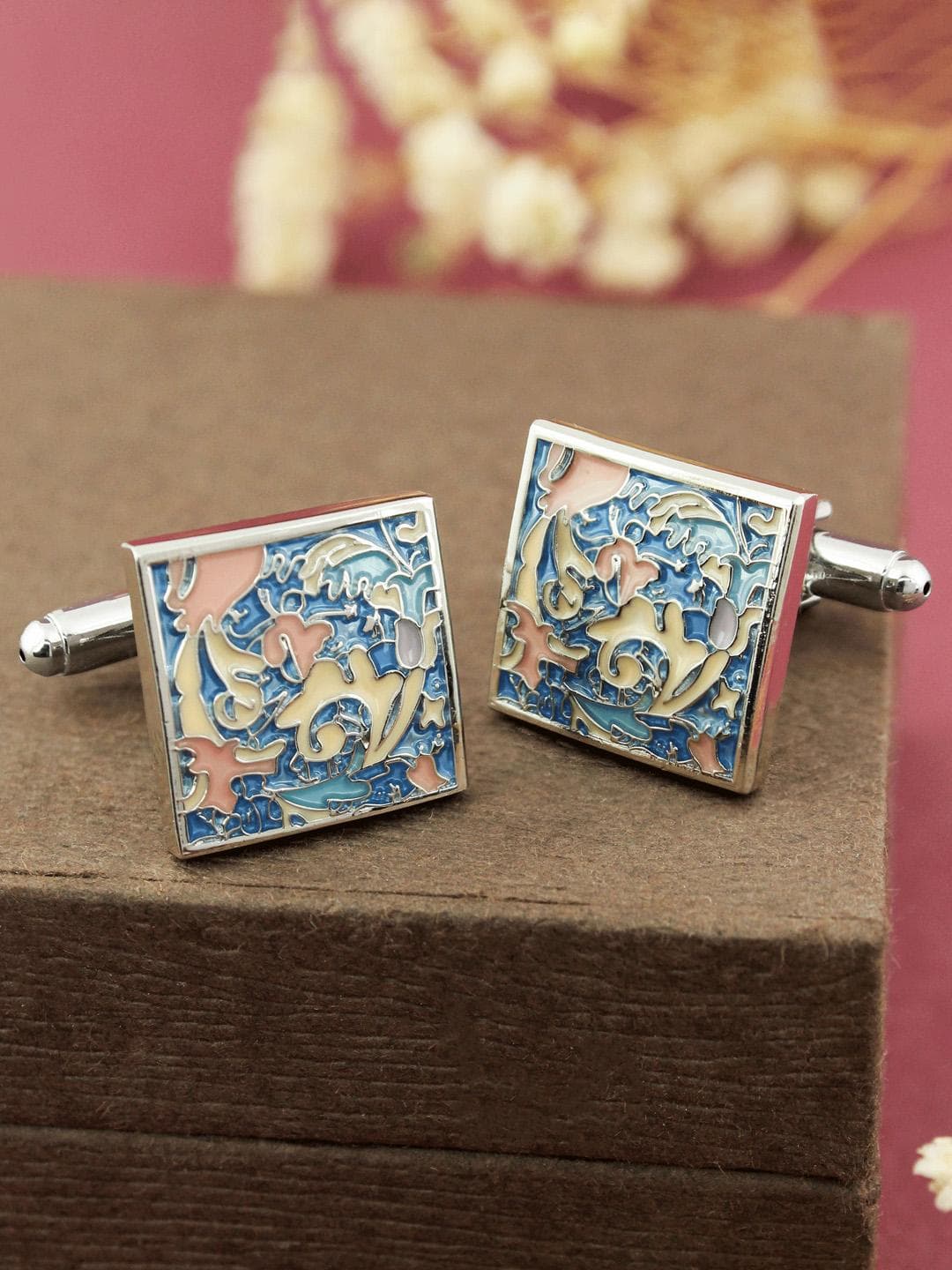 Buy PELUCHE Blue & Pink Rhodium Plated Enamelled Square Cufflinks - - Accessories for Unisex