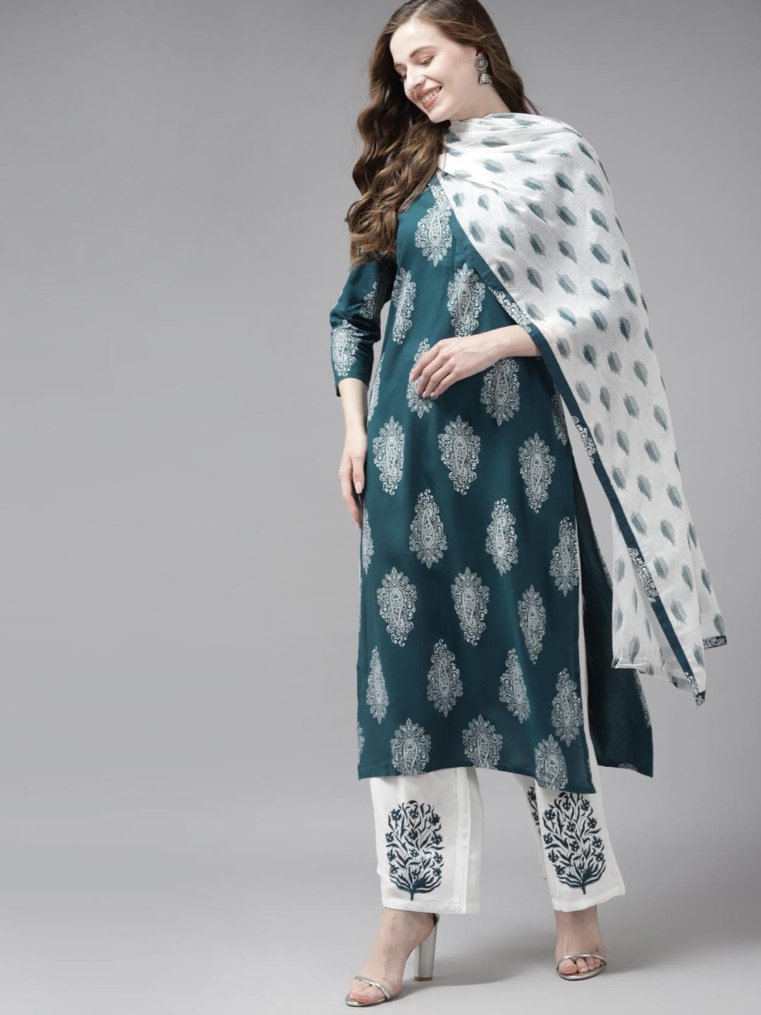Yufta Women Teal Ethnic Motifs Printed Regular Kurta with Palazzos & With Dupatta