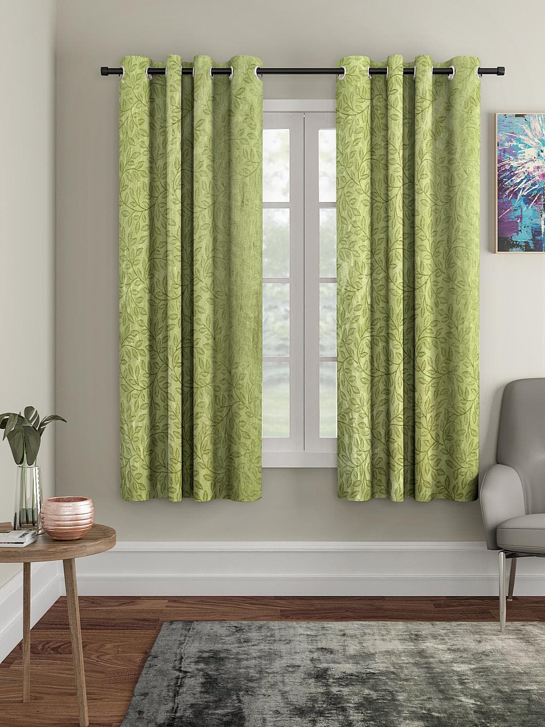 Buy Cortina Set Of 2 Green Embossed Leaf Print Polyester Window Curtains - - Home for Unisex