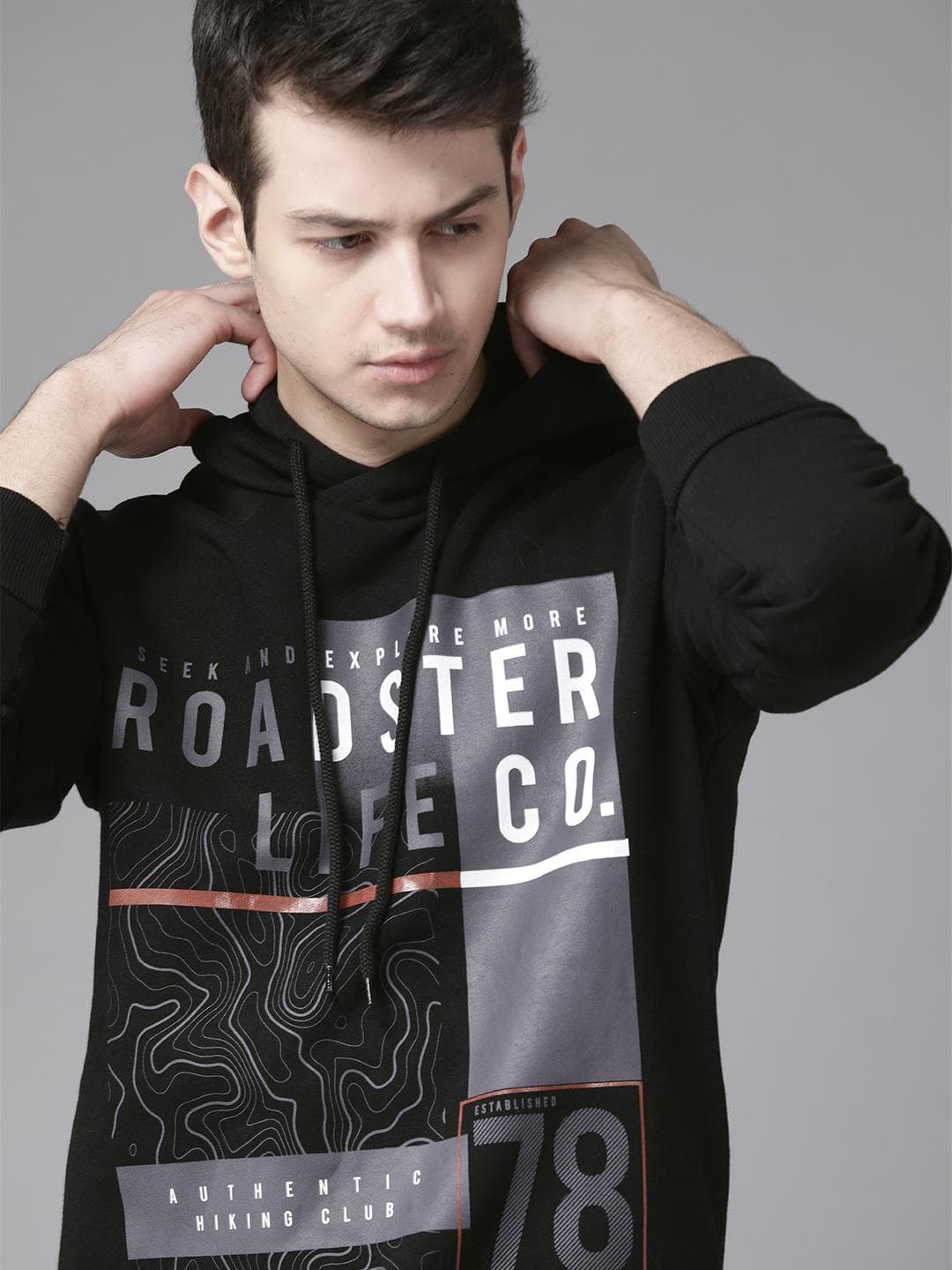 Roadster Men Black & Grey Brand Logo Printed Hooded Sweatshirt
