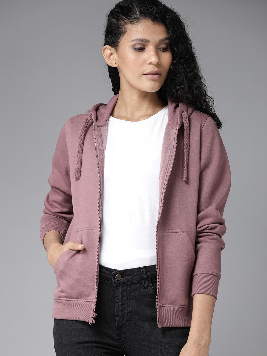 Roadster Women Mauve Solid Hooded Sweatshirt