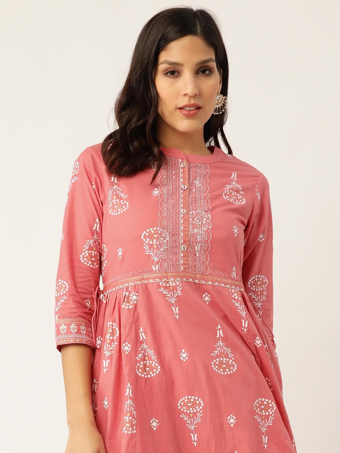 Sangria Women Pink & White Floral Khari Print Embroidered Anarkali Kurta with Palazzos