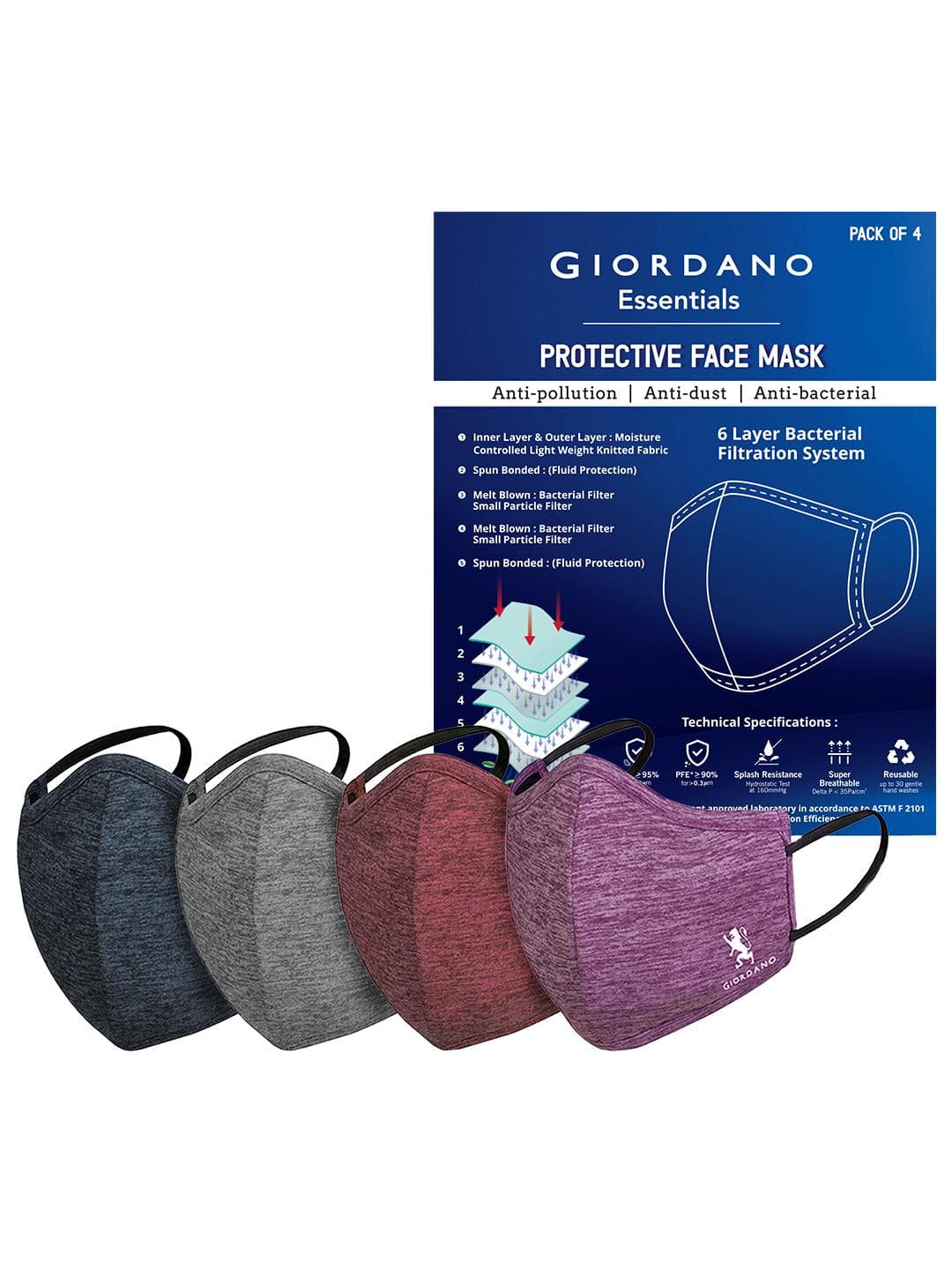 Buy GIORDANO Unisex Pack Of 4 6 Ply Reusable Outdoor Face Mask - - Accessories for Unisex