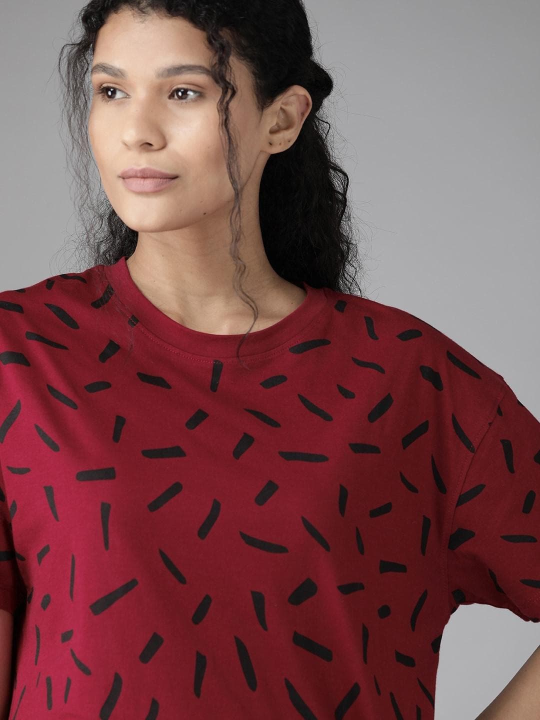 Roadster Women Maroon Black Printed Round Neck Pure Cotton T-shirt