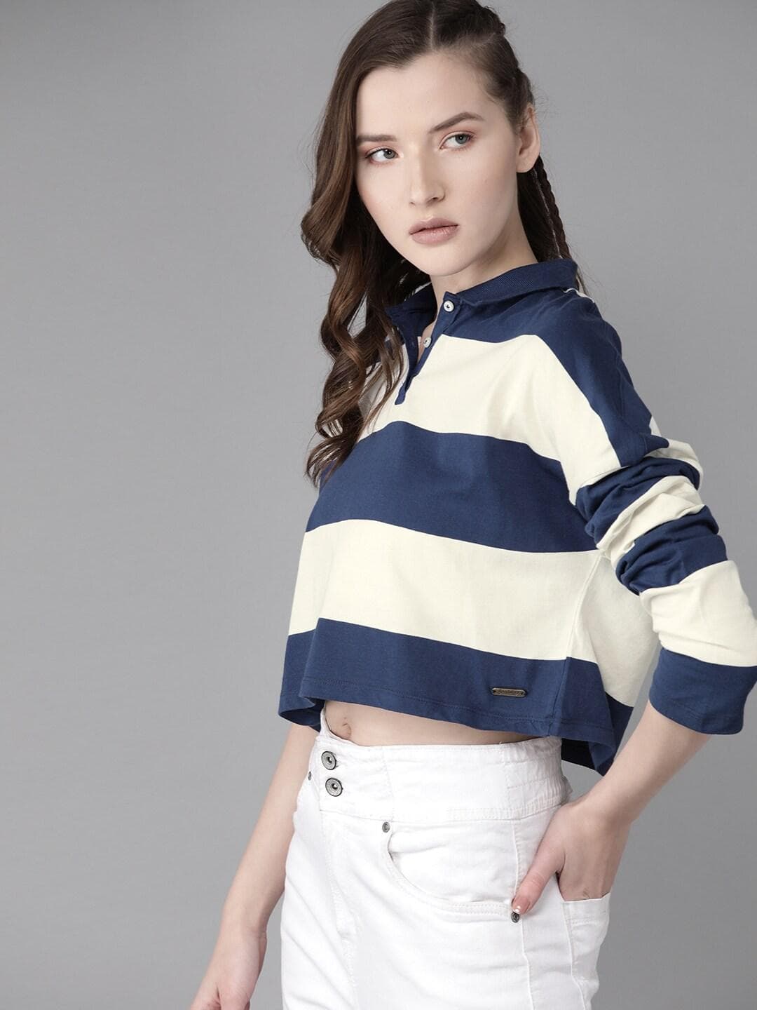 Roadster Women White & Navy Blue Antiviral Protective Finish Striped Cropped Polo Collar T-shirt