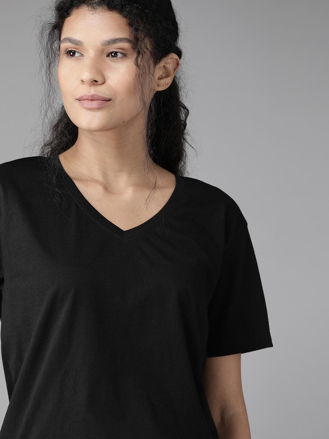 Roadster Women Black Solid V-Neck Pure Cotton Boxy Fit T-shirt