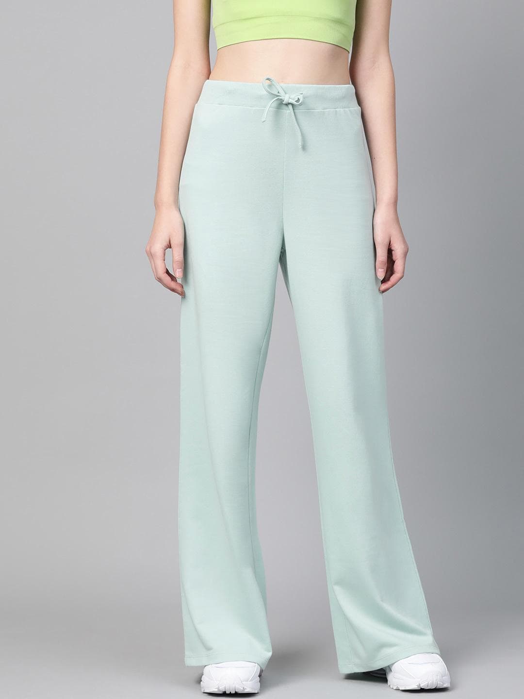 SASSAFRAS Women Mint Green Solid Wide Leg Track Pants