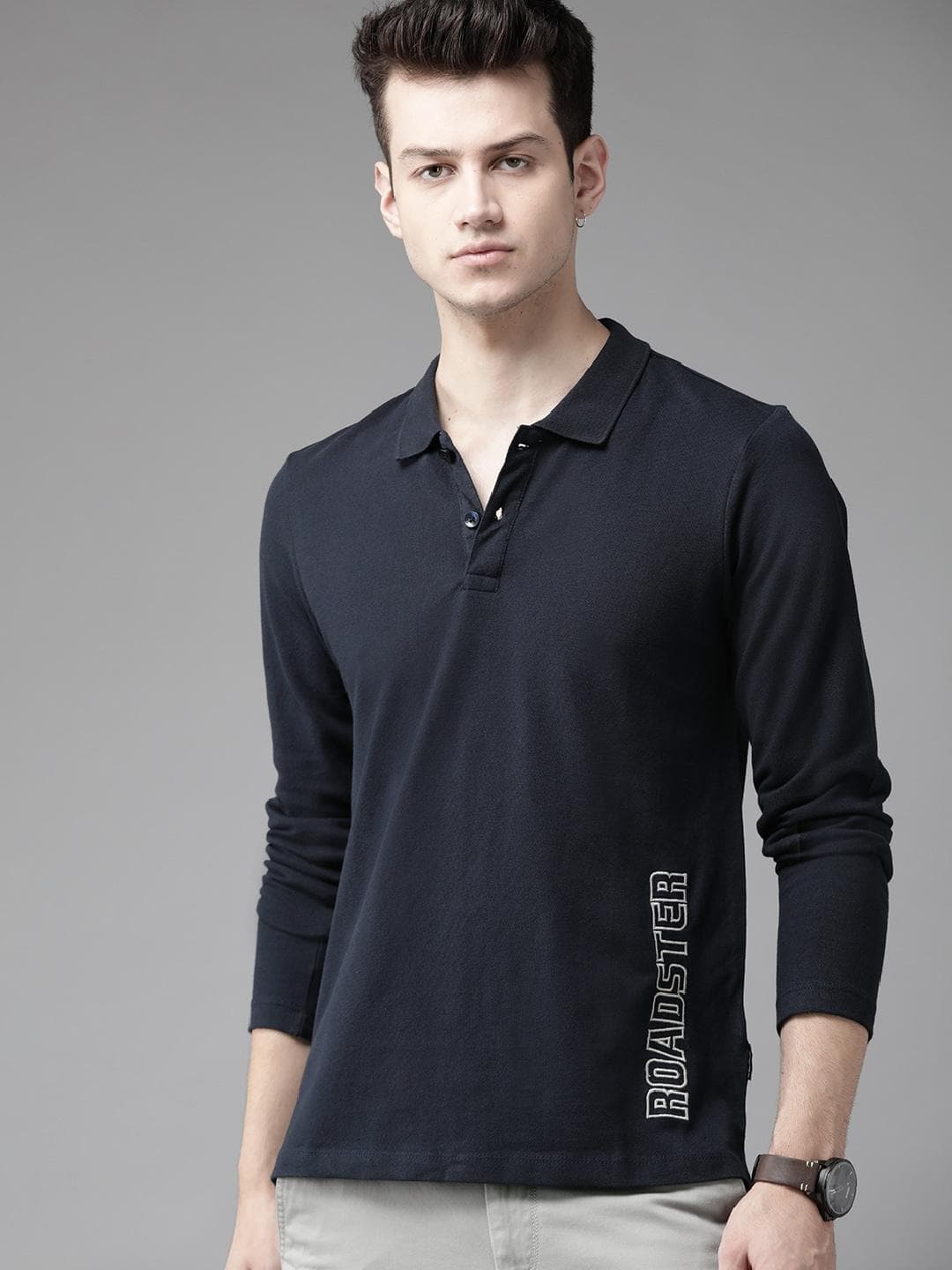 Roadster Men Navy Blue Solid Polo Collar Cotton T-shirt