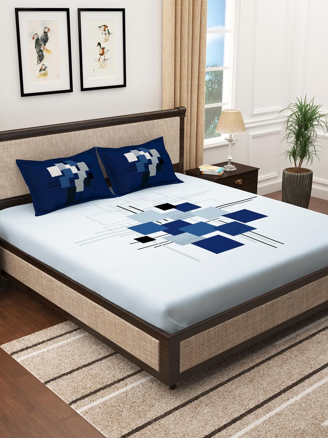 Buy Story@home White Blue Abstract Cotton 300 TC King Bedsheet With Pillow Covers 106x106 In - - Home for Unisex