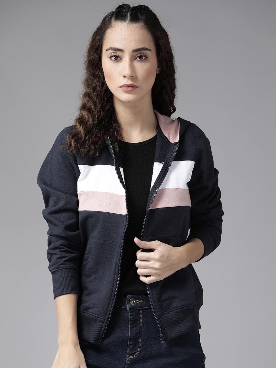 Roadster Women Navy Blue & White Striped Hooded Sweatshirt