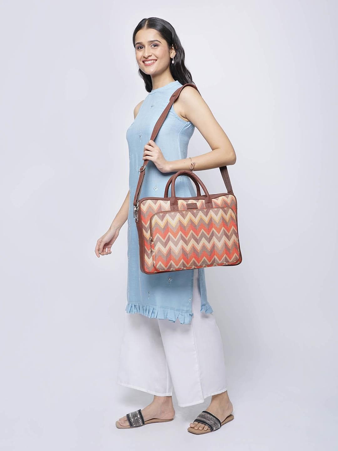 ZOUK Unisex Orange Printed Vegan Leather 16 Inch Sustainable Laptop Bag