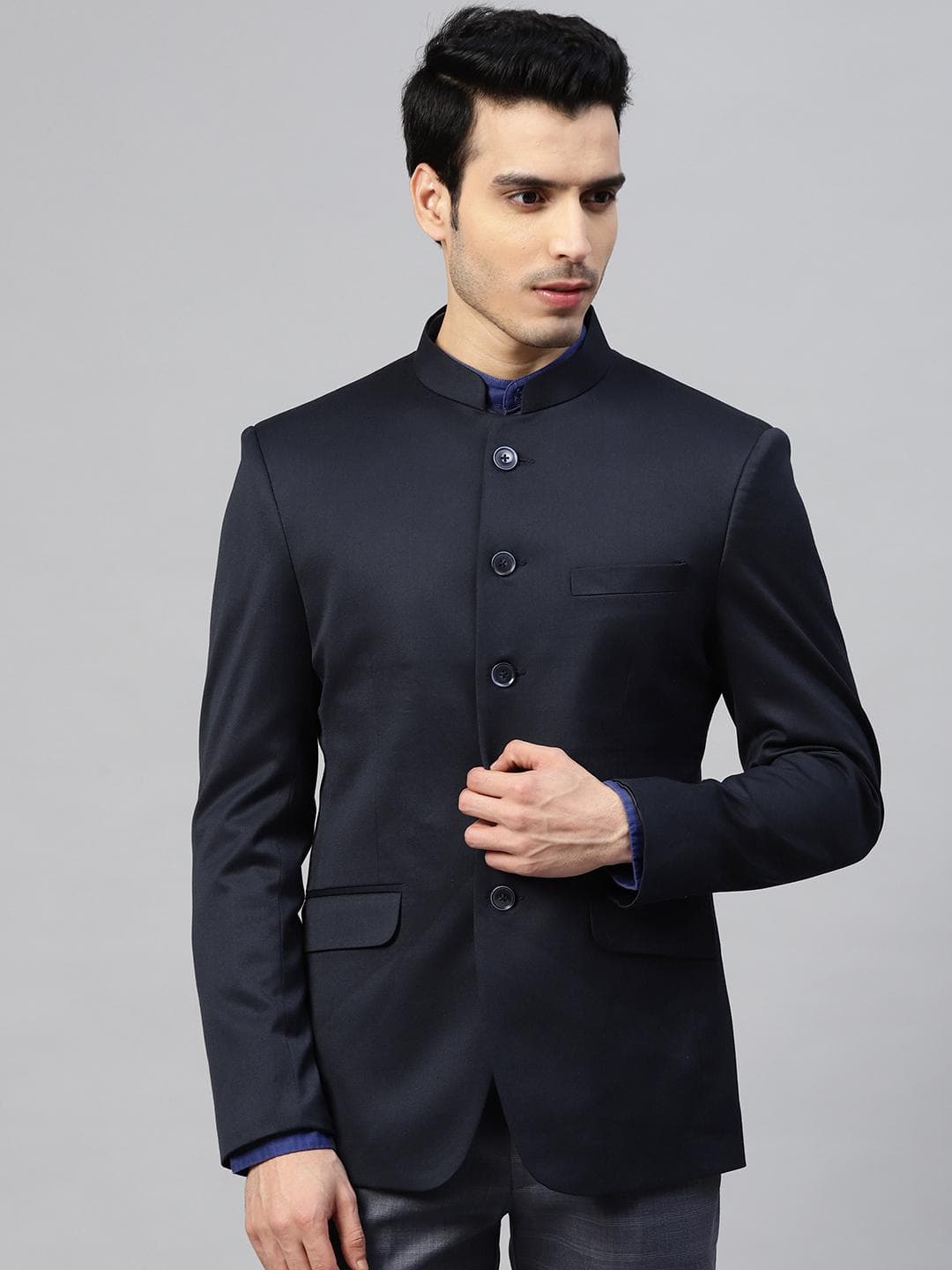 MANQ Men Navy Blue Twill Weave Solid Single-Breasted Slim Fit Bandhgala Casual Blazer