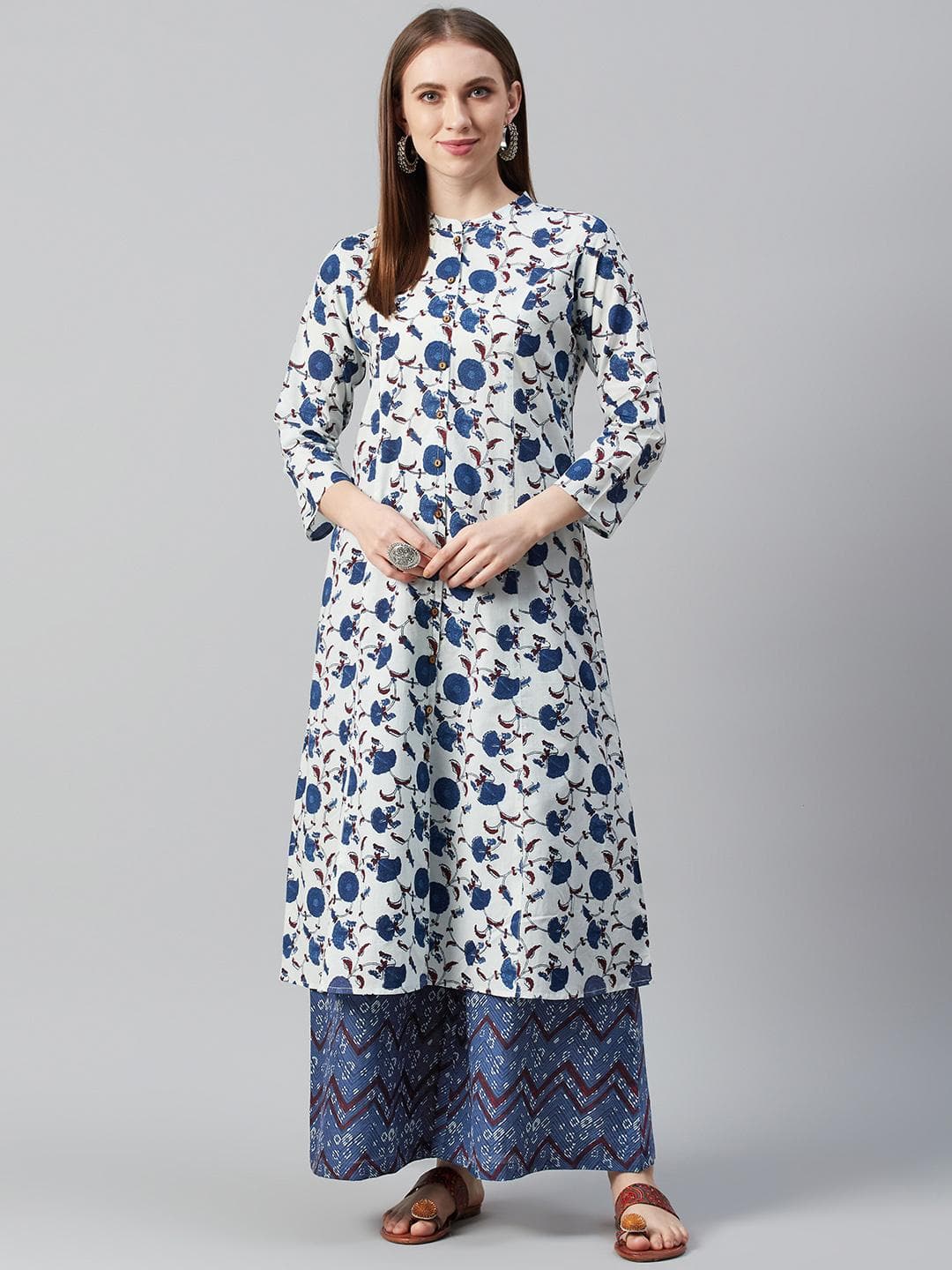 anayna Women White & Navy Blue Printed Kurta with Palazzos