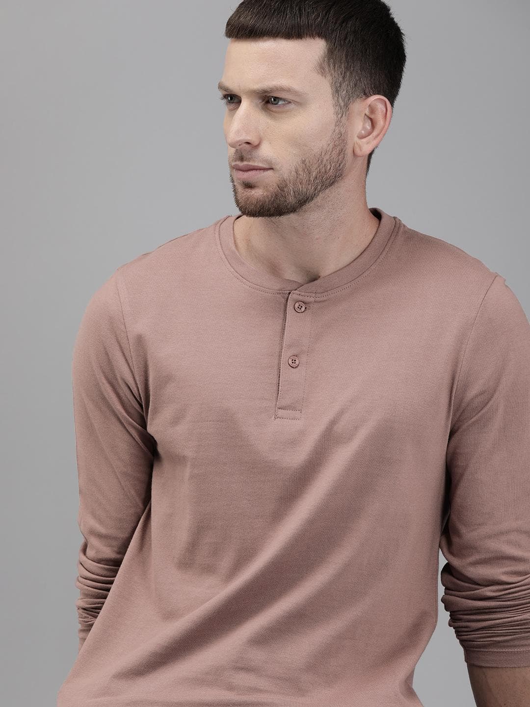 Roadster Men Mauve Solid Henley Neck Cotton T-shirt