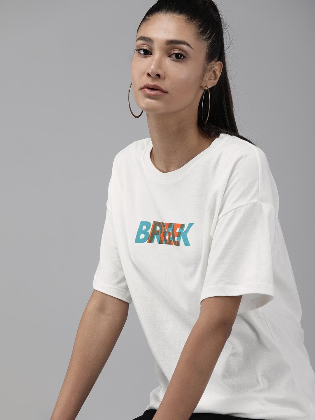 Roadster Women White Printed Round Neck Cotton Oversized T-shirt