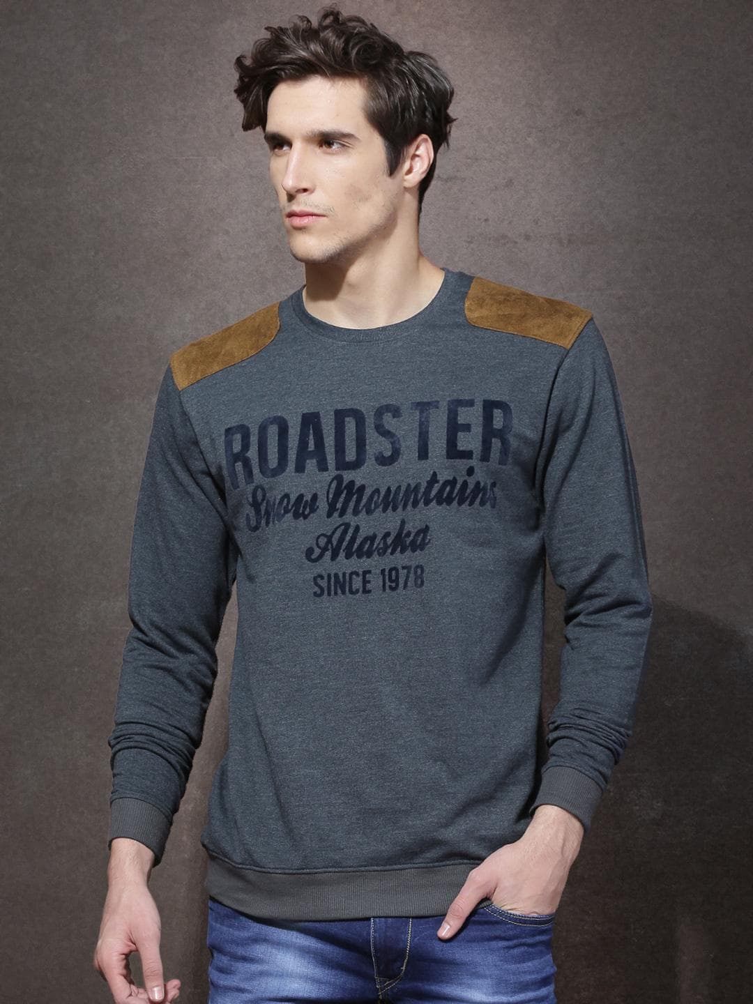 Roadster Navy Blue Flock Print T-shirt with Suede Shoulder Patch