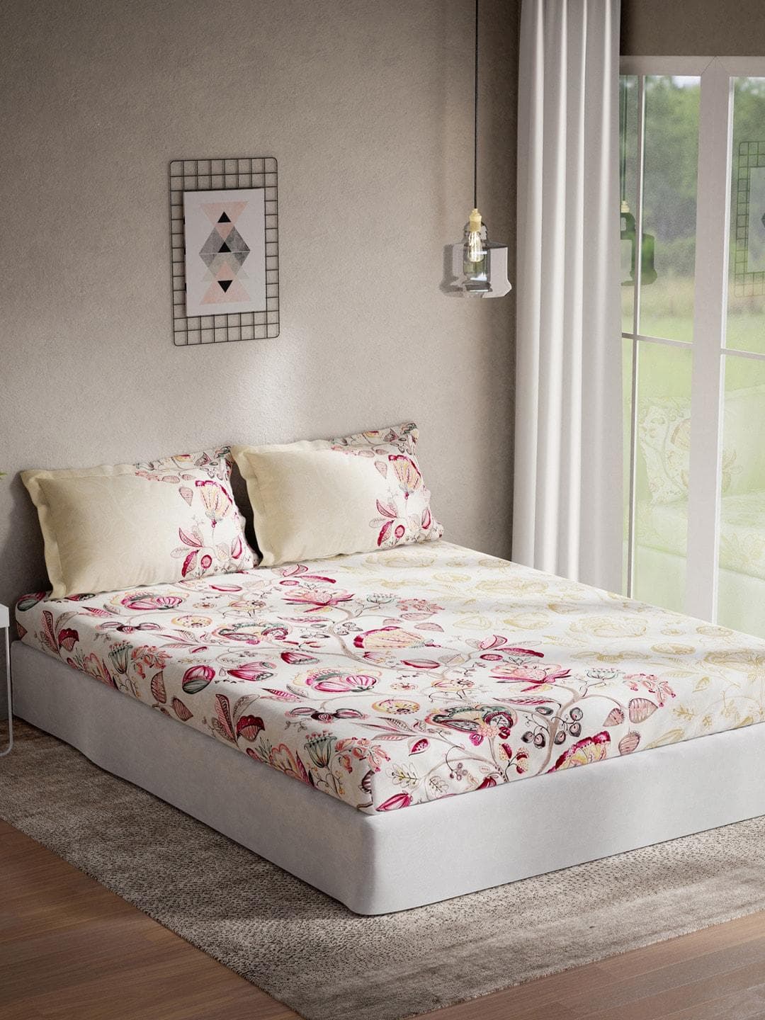 DDecor Sigma Collection Red Ethnic Cotton 136TC Queen Bedsheet with 2 Pillow Covers