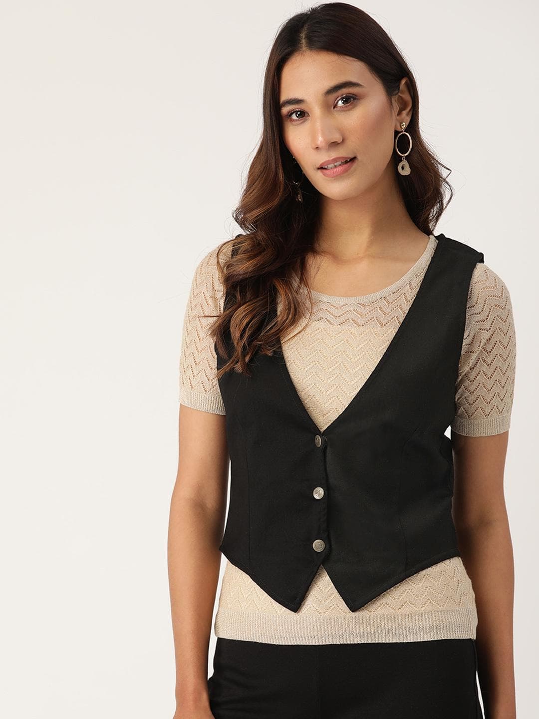 Cottinfab Women Black Solid Lightweight Waistcoat