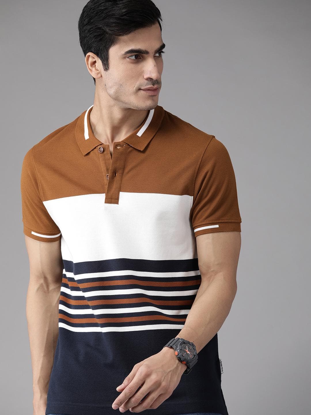 The Roadster Lifestyle Co Men Mustard Brown & Navy Blue Striped Pure Cotton Polo Collar T-shirt