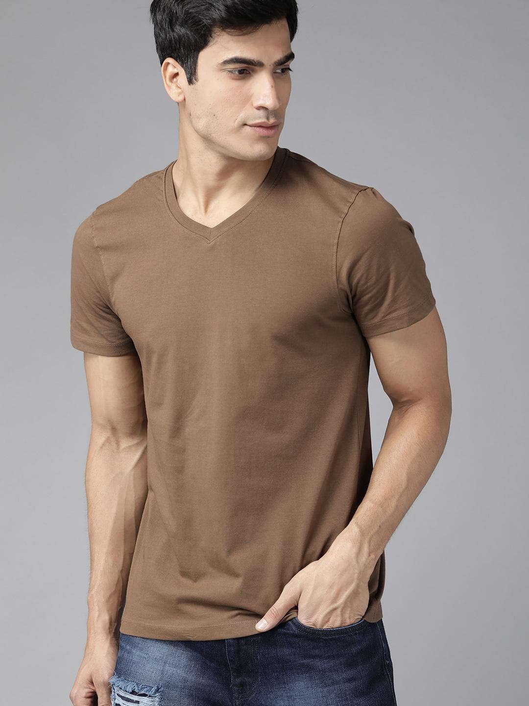 The Roadster Lifestyle Co Men Pack of 2 Black Olive Brown Solid V-Neck Cotton Pure Cotton T-shirt