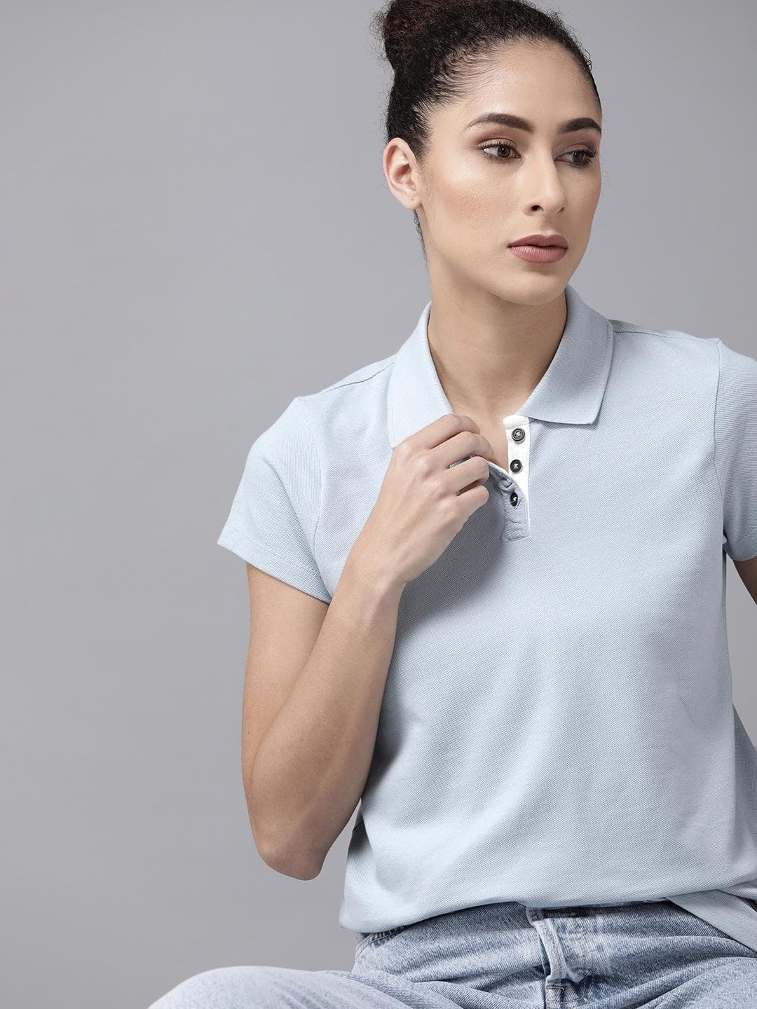 The Roadster Lifestyle Co Women Blue Solid Cotton Polo Collar T-shirt