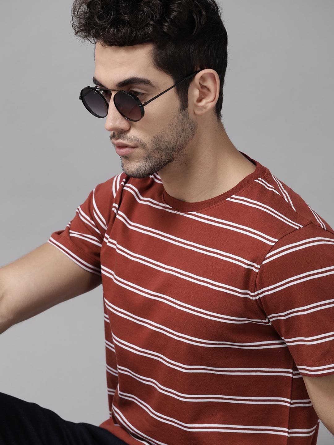The Roadster Lifestyle Co Men Rust Striped Round Neck Pure Cotton T-shirt