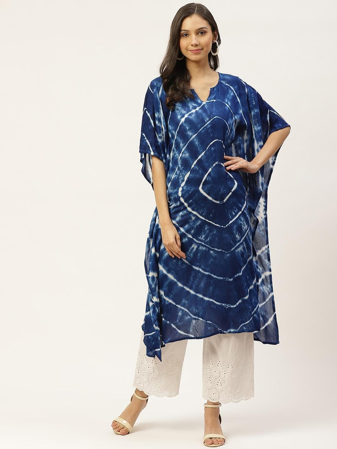 Maaesa Women Navy Blue & White Hand Dyed Asymmetric Kaftan Kurta