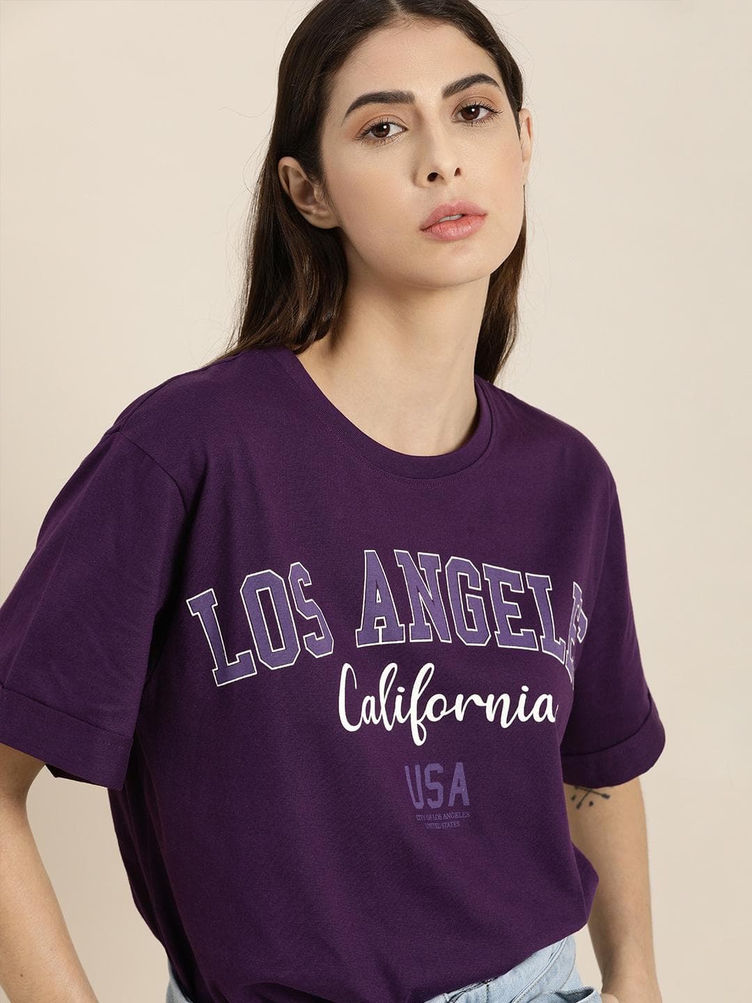 DILLINGER Women Purple Varsity Printed Drop-Shoulder Sleeves Oversized Pure Cotton T-shirt