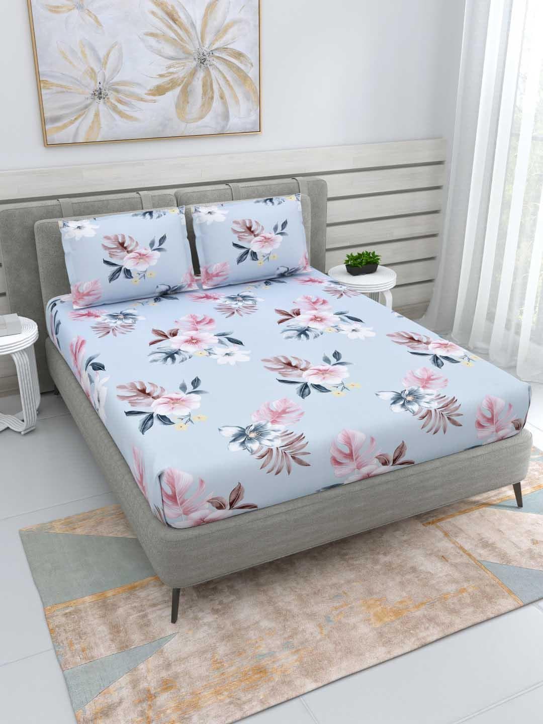 DREAM WEAVERZ Blue Floral Glazed Cotton 220 TC Double Bedsheet with 2 Pillow Covers
