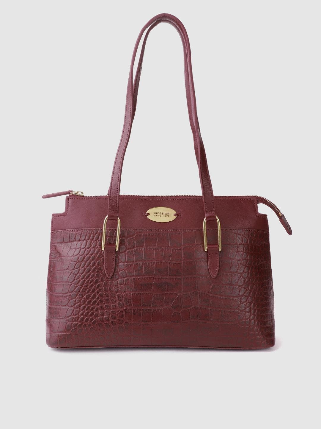 Buy Hidesign Burgundy Croc Textured Leather Handcrafted Structured Shoulder Bag - - Accessories for Women