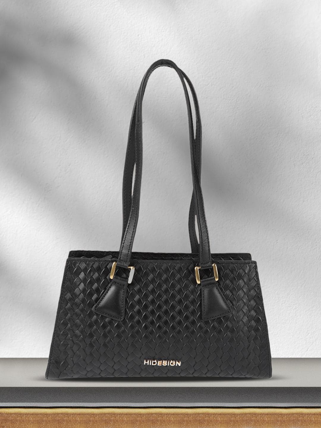 Hidesign Black Textured Leather Structured Basketweave Shoulder Bag