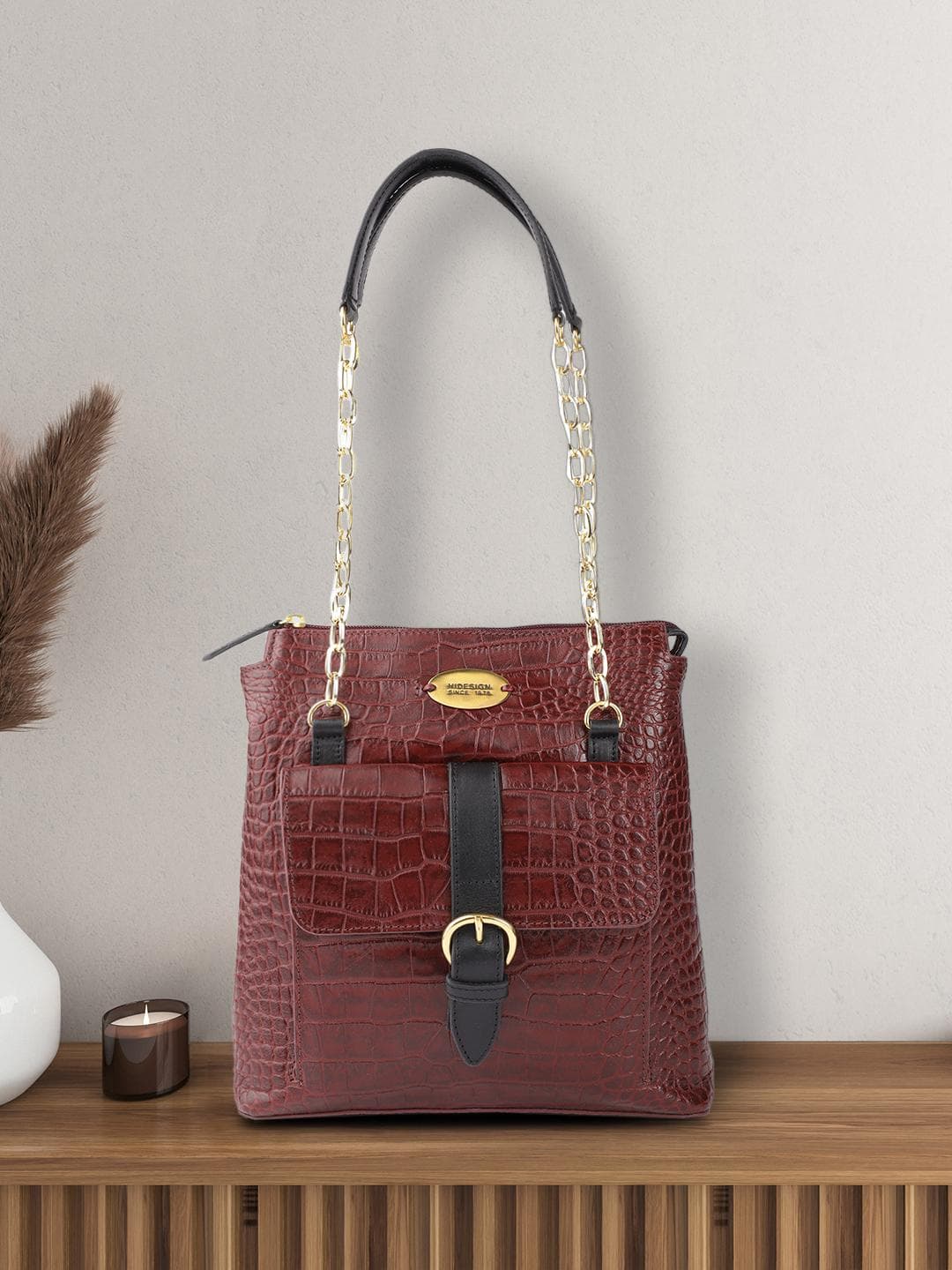 Hidesign Women Maroon & Black Croc-Textured Leather Structured Shoulder Bag
