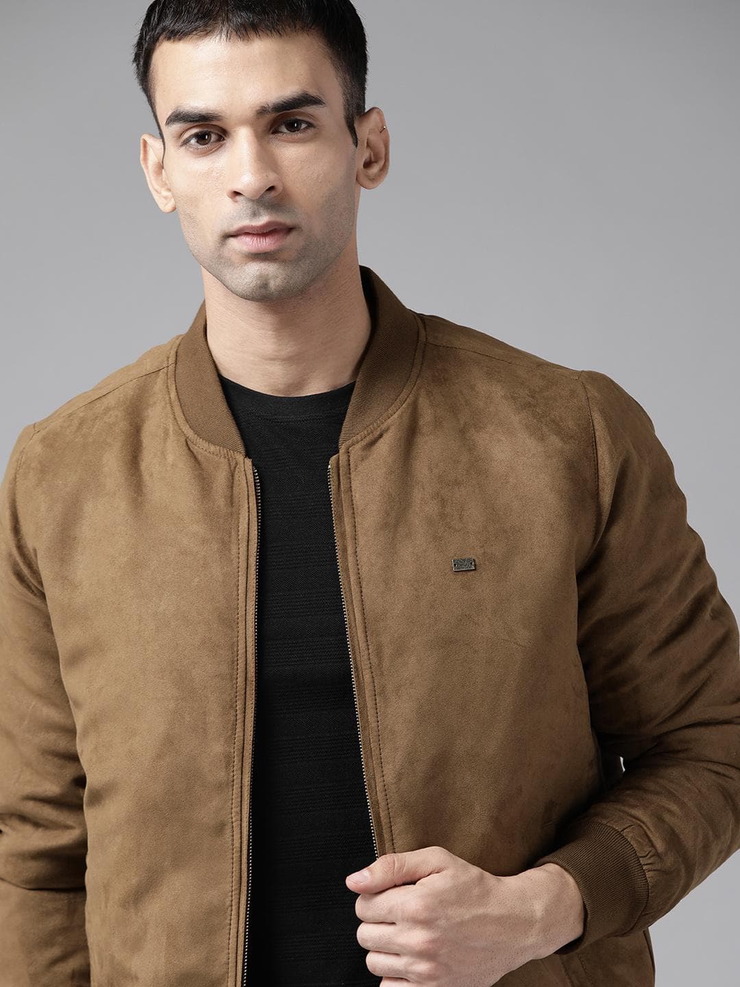 Roadster Men Brown Suede Finish Bomber Jacket