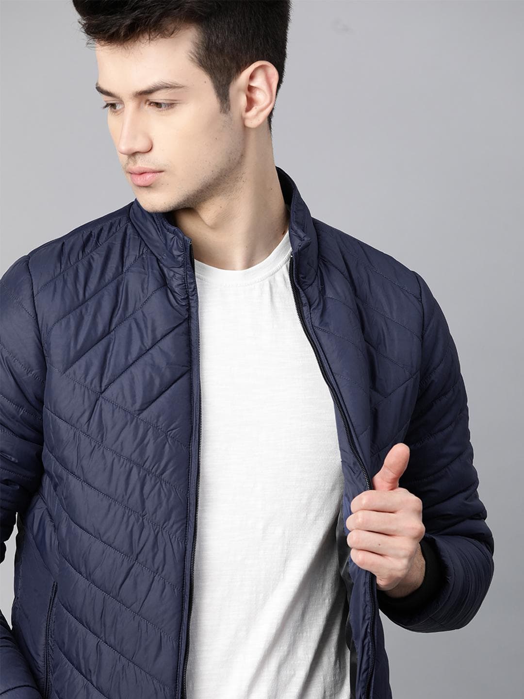 Roadster Men Navy Blue Solid Quilted Jacket