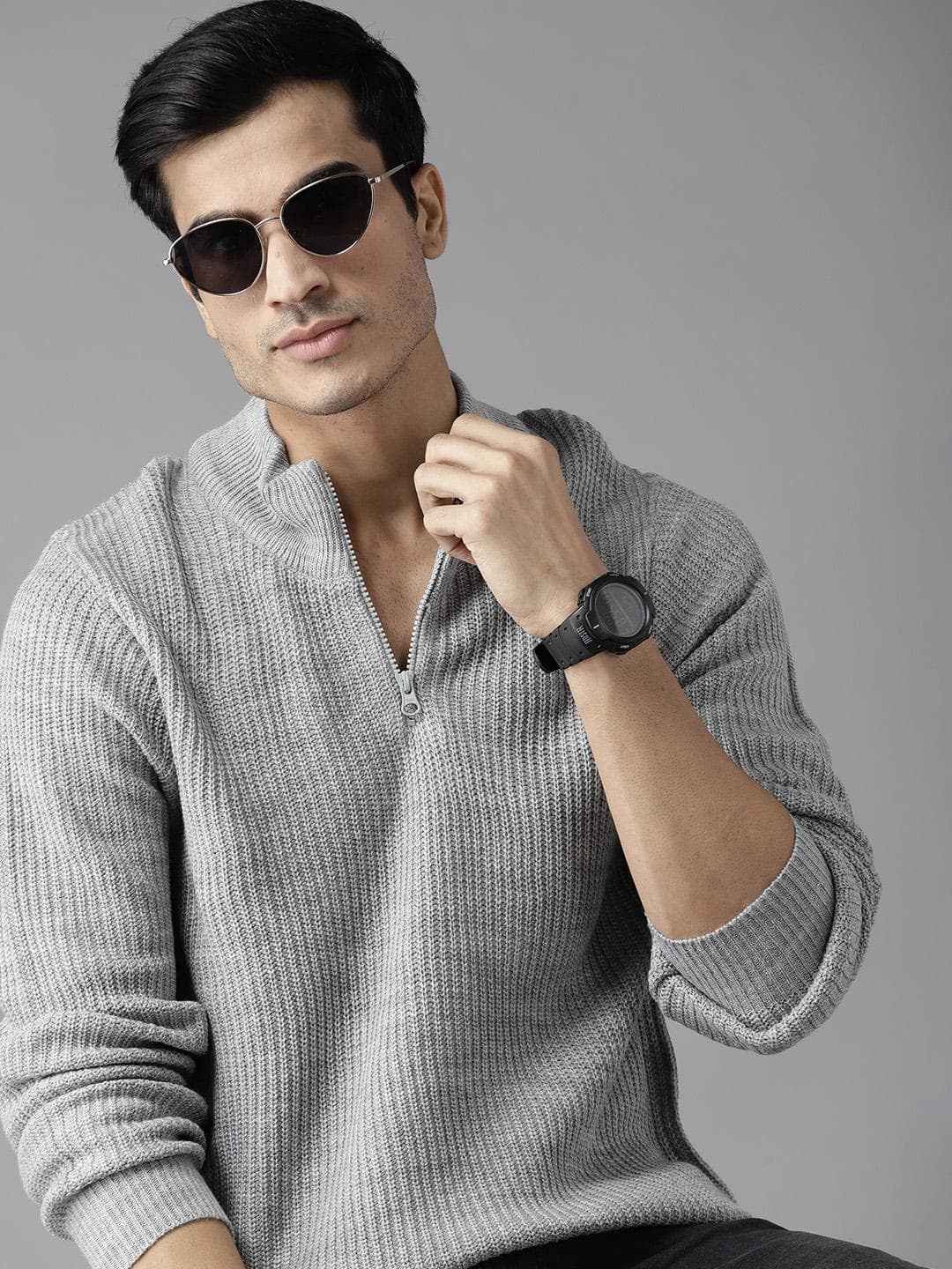 Roadster Men Grey Self-Striped Pullover