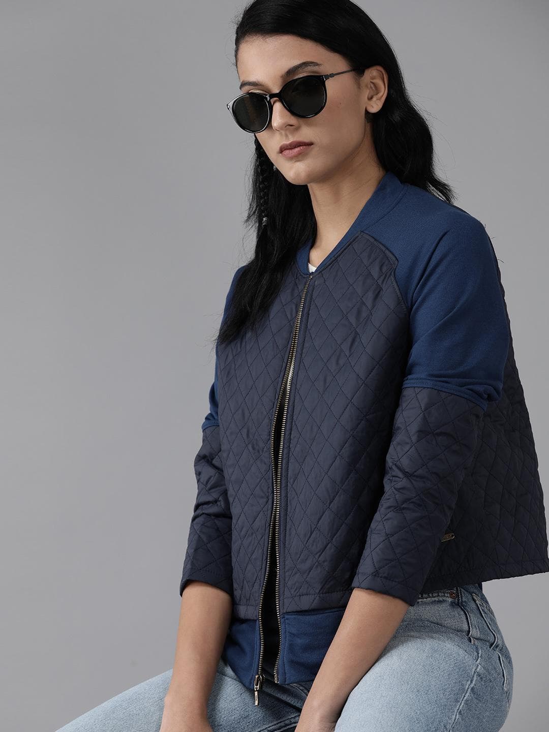 Roadster Women Navy Blue Solid Quilted Jacket