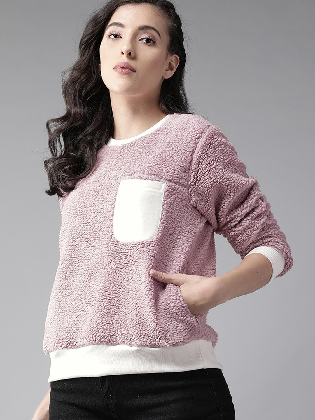Roadster Women Pink Solid Sherpa Sweatshirt