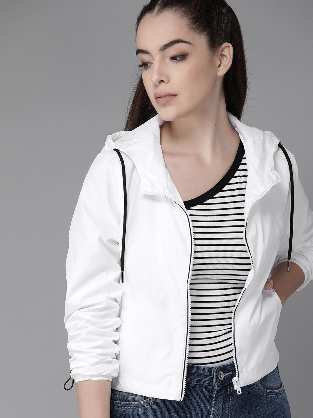 Roadster Women White Solid Windcheater Tailored Jacket