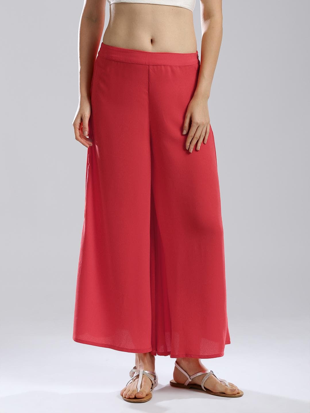 W Coral Red Polyester Palazzo Trousers