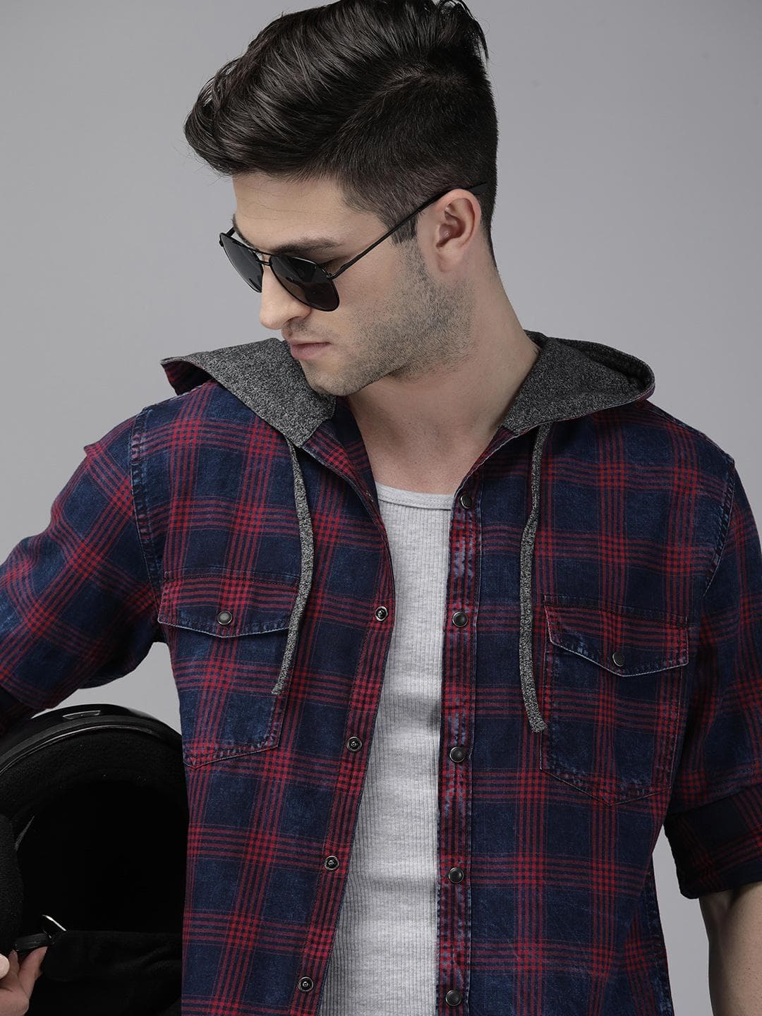 Roadster Men Navy Blue Checked Hooded Casual Shirt