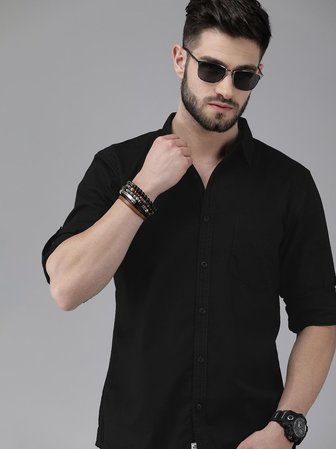 Roadster Men Black Solid Casual Cotton Shirt