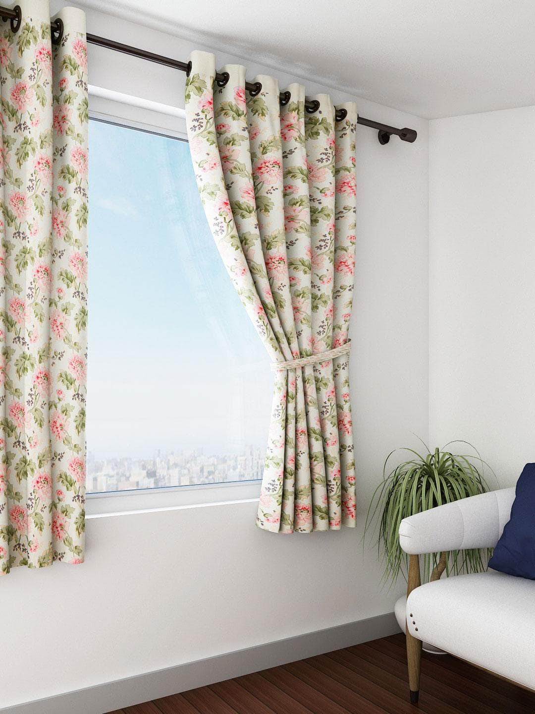 SWAYAM Off-White & Pink Single Printed Window Curtain