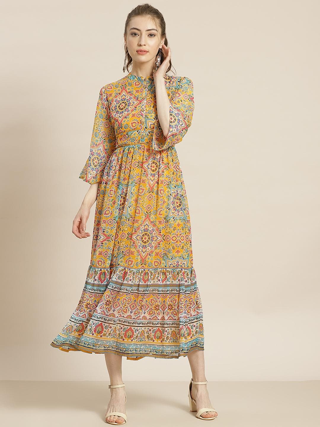 Buy Juniper Mustard Yellow & Blue Ethnic Motifs Printed Tiered A Line Dress - - Apparel for Women